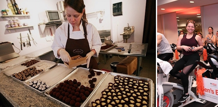 Image of Rachel at chocolate shop and on spin bike